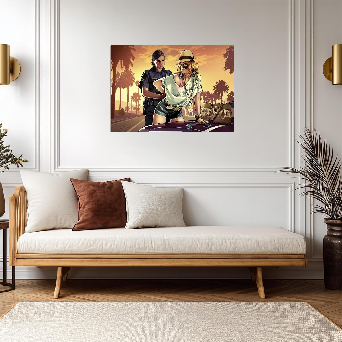 Grand Theft Auto V Iconic Loading Screen Art | Woman Arrested Poster | Open World Wall Art - Video Games Poster