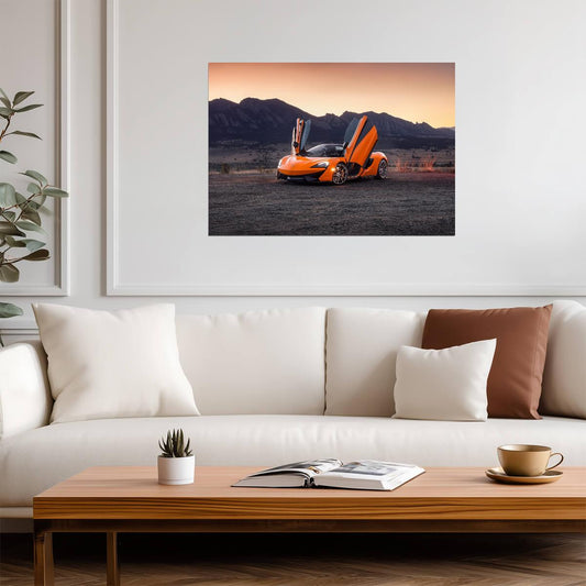 McLaren 570S | Orange Supercar Poster | British Coupe with Butterfly Doors at Sunset - Cars Poster