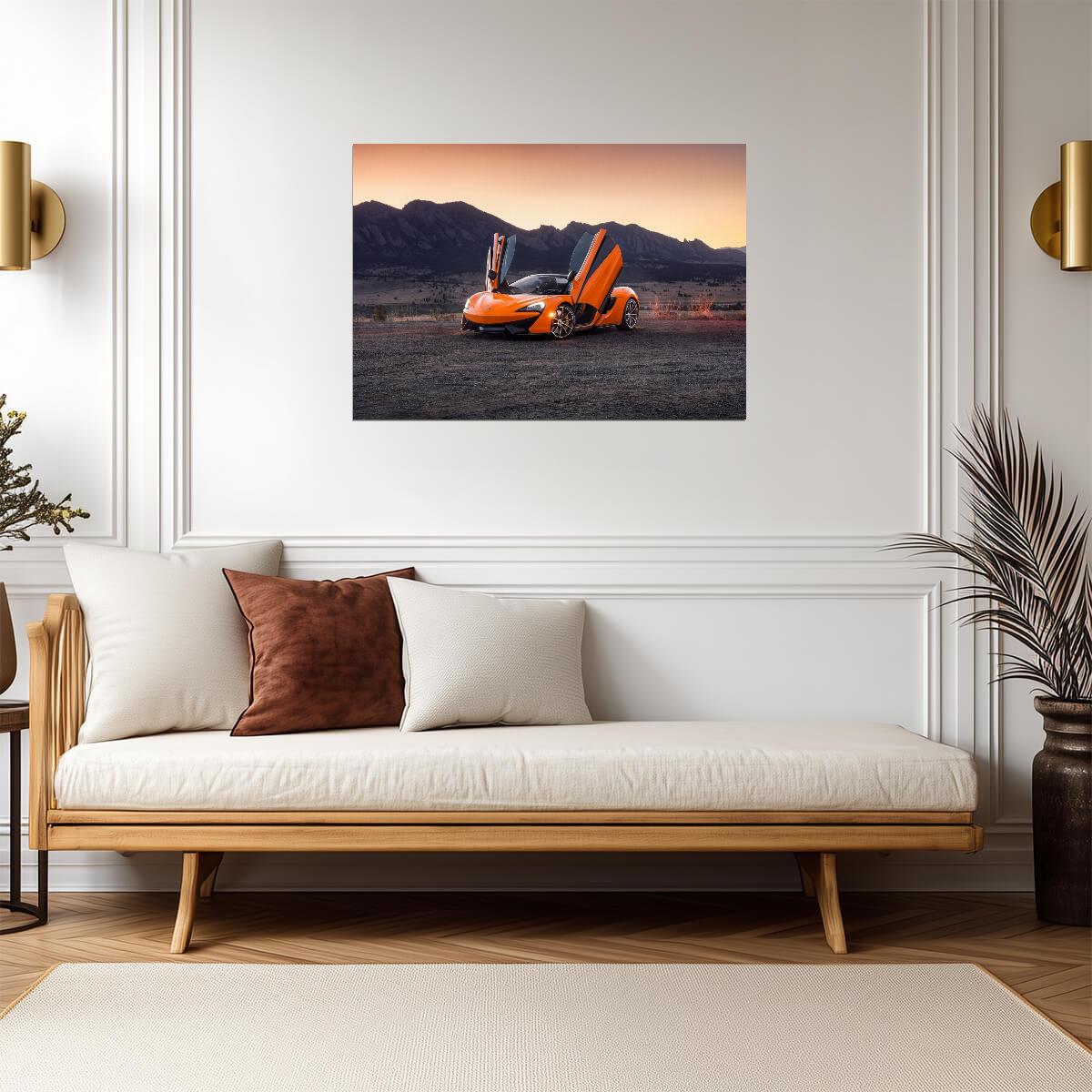 McLaren 570S | Orange Supercar Poster | British Coupe with Butterfly Doors at Sunset - Cars Poster