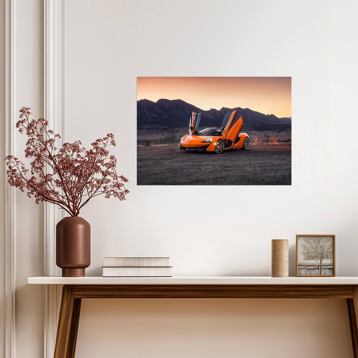 McLaren 570S | Orange Supercar Poster | British Coupe with Butterfly Doors at Sunset - Cars Poster