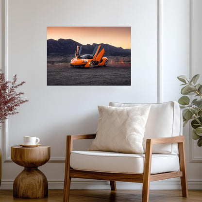 McLaren 570S | Orange Supercar Poster | British Coupe with Butterfly Doors at Sunset - Cars Poster