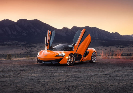 McLaren 570S | Orange Supercar Poster | British Coupe with Butterfly Doors at Sunset - Cars Poster