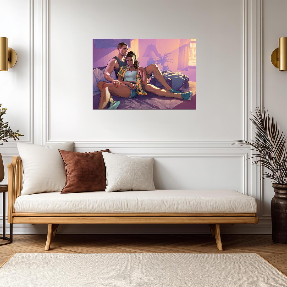 Grand Theft Auto VI Lucia & Jason In Room | Vice City Promo Art Poster | Action-Adventure Decor - Video Games Poster