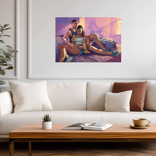 Grand Theft Auto VI Lucia & Jason In Room | Vice City Promo Art Poster | Action-Adventure Decor - Video Games Poster