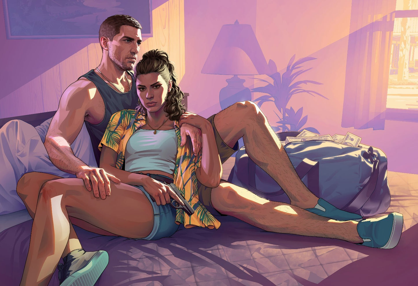 Grand Theft Auto VI Lucia & Jason In Room | Vice City Promo Art Poster | Action-Adventure Decor - Video Games Poster