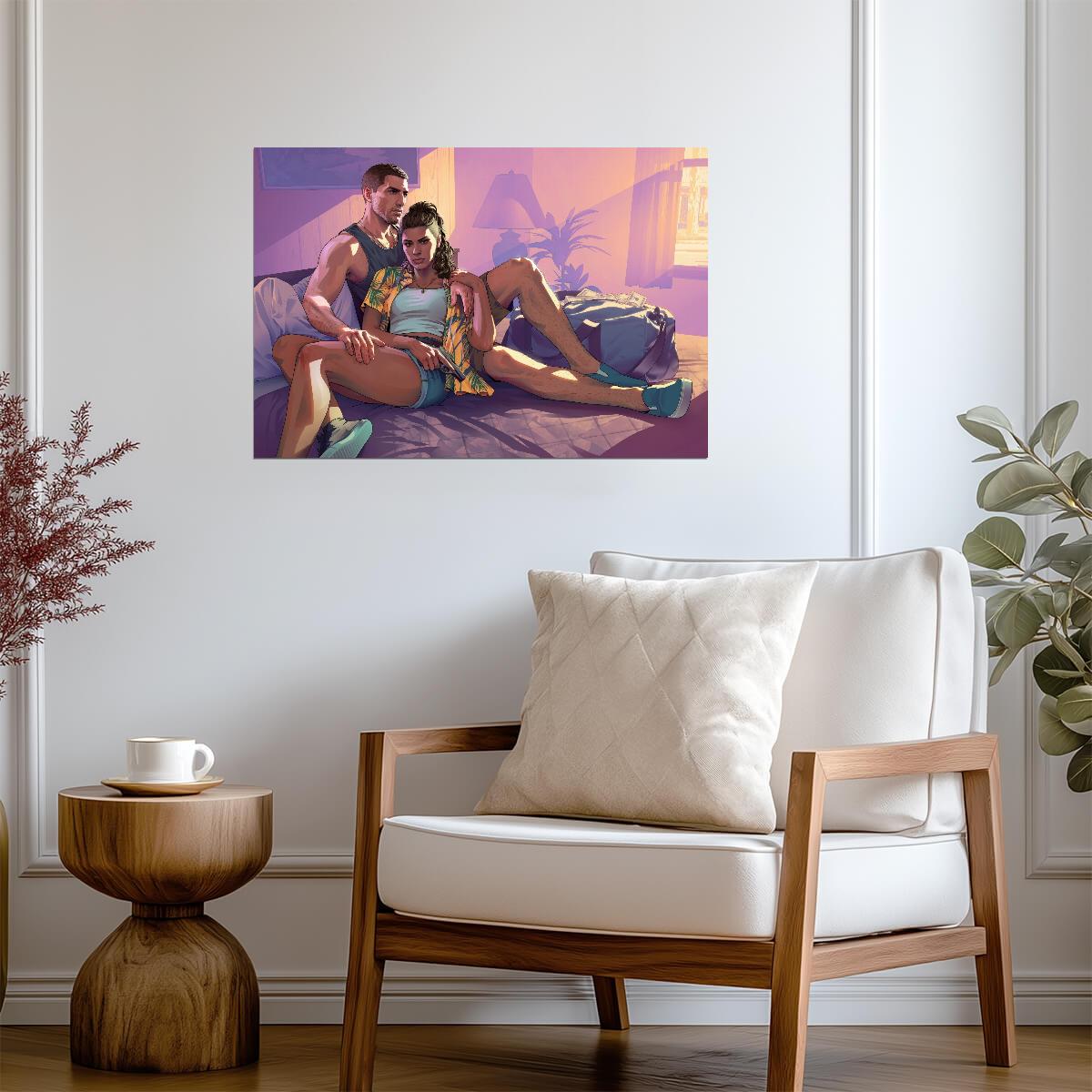 Grand Theft Auto VI Lucia & Jason In Room | Vice City Promo Art Poster | Action-Adventure Decor - Video Games Poster