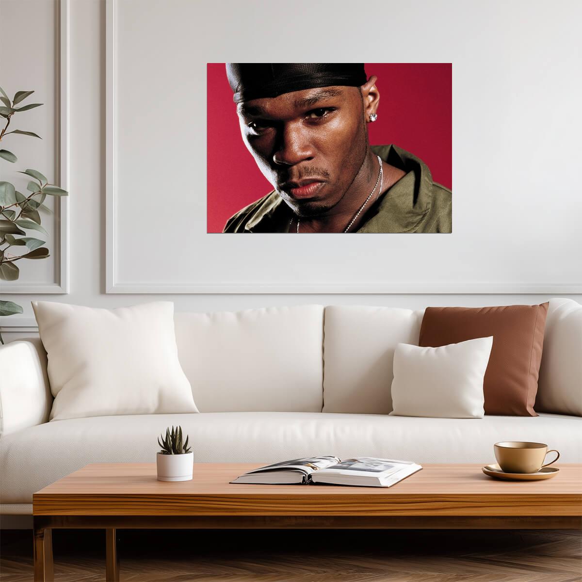 50 Cent Durag Close Up | Red Background Portrait Poster | Classic Hip Hop Star - Music Poster