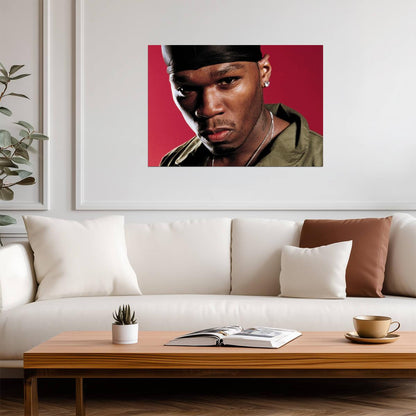 50 Cent Durag Close Up | Red Background Portrait Poster | Classic Hip Hop Star - Music Poster