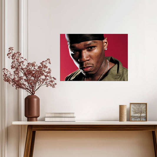 50 Cent Durag Close Up | Red Background Portrait Poster | Classic Hip Hop Star - Music Poster