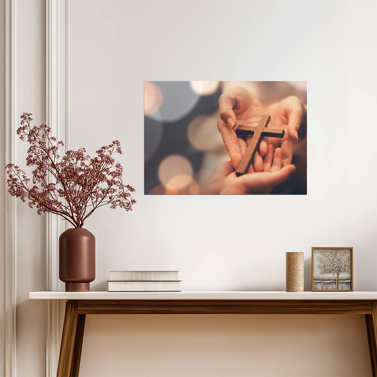 Hands Holding Wooden Cross | Christian Faith Poster | Religious Photography Art - Photography Poster