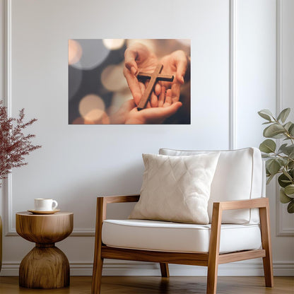 Hands Holding Wooden Cross | Christian Faith Poster | Religious Photography Art - Photography Poster