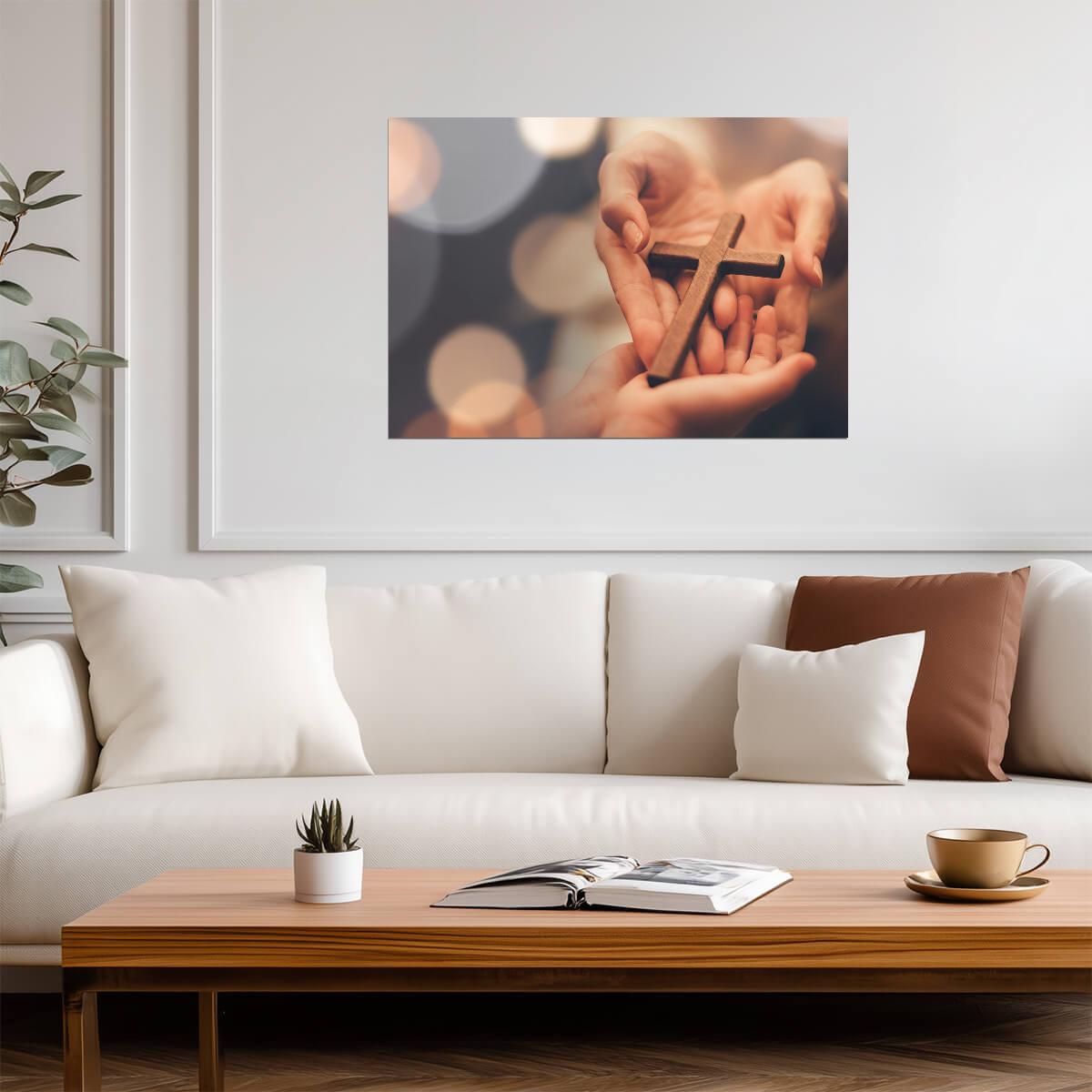 Hands Holding Wooden Cross | Christian Faith Poster | Religious Photography Art - Photography Poster