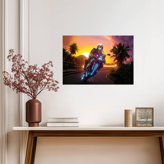 Futuristic Sportbike Rider | Neon Motorcycle Art Poster | Cyberpunk Sunset Wall Decor - Cars Poster