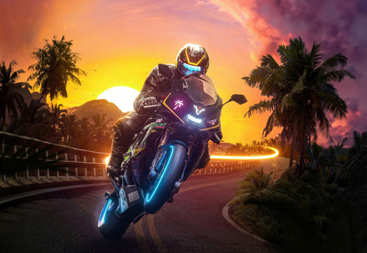Futuristic Sportbike Rider | Neon Motorcycle Art Poster | Cyberpunk Sunset Wall Decor - Cars Poster