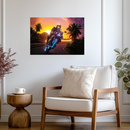 Futuristic Sportbike Rider | Neon Motorcycle Art Poster | Cyberpunk Sunset Wall Decor - Cars Poster
