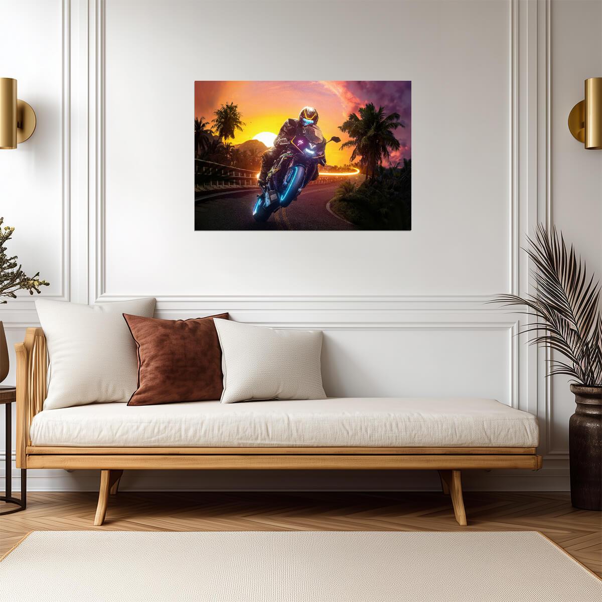 Futuristic Sportbike Rider | Neon Motorcycle Art Poster | Cyberpunk Sunset Wall Decor - Cars Poster