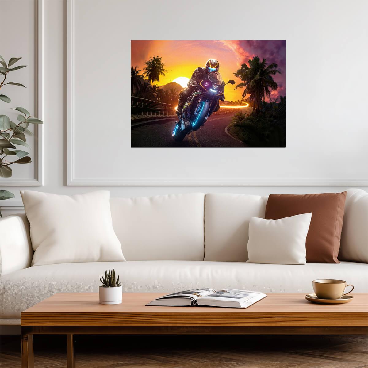Futuristic Sportbike Rider | Neon Motorcycle Art Poster | Cyberpunk Sunset Wall Decor - Cars Poster