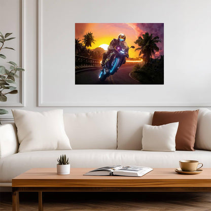 Futuristic Sportbike Rider | Neon Motorcycle Art Poster | Cyberpunk Sunset Wall Decor - Cars Poster