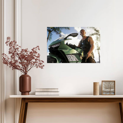 Grand Theft Auto VI Jason Duval with Alvino V1 Bike | Vice City Promo Art Poster | Action-Adventure Game Decor - Video Games Poster
