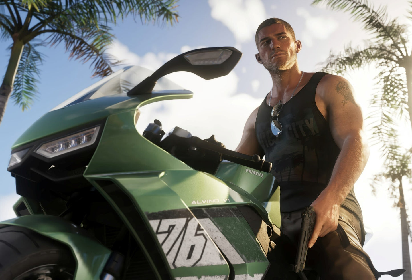 Grand Theft Auto VI Jason Duval with Alvino V1 Bike | Vice City Promo Art Poster | Action-Adventure Game Decor - Video Games Poster