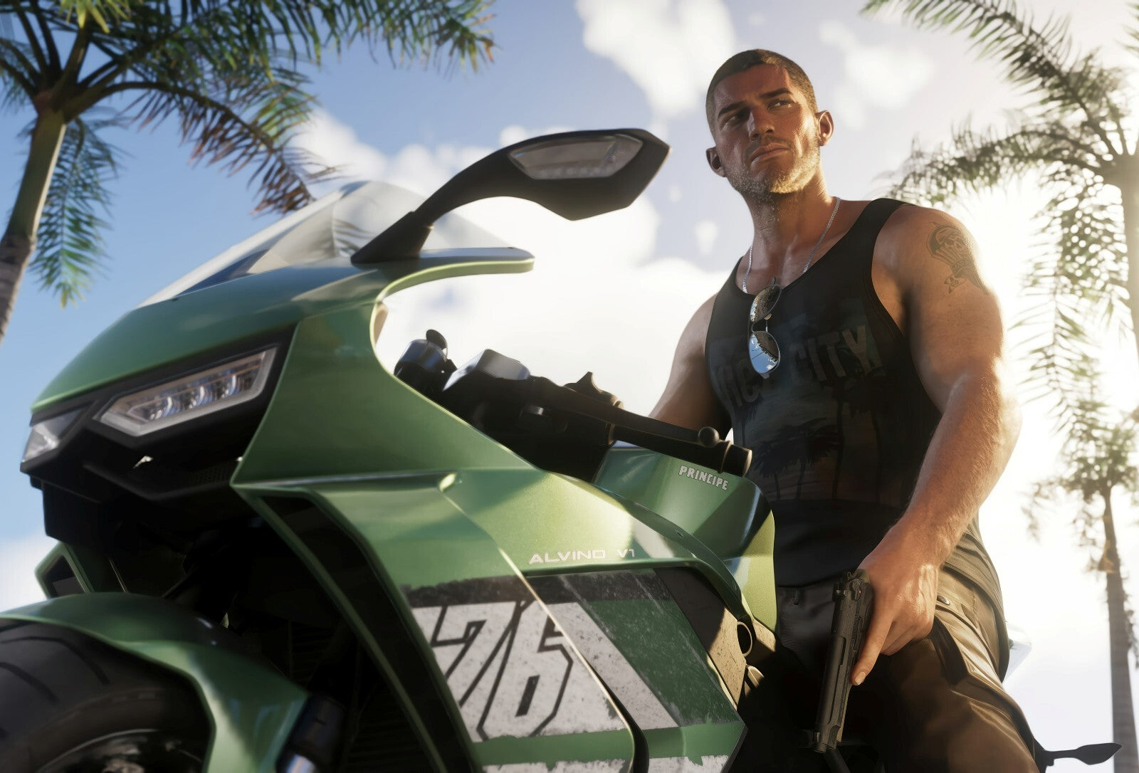 Grand Theft Auto VI Jason Duval with Alvino V1 Bike | Vice City Promo Art Poster | Action-Adventure Game Decor - Video Games Poster