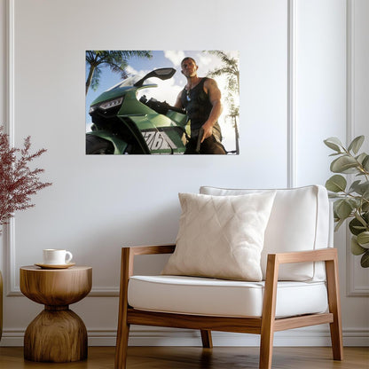 Grand Theft Auto VI Jason Duval with Alvino V1 Bike | Vice City Promo Art Poster | Action-Adventure Game Decor - Video Games Poster