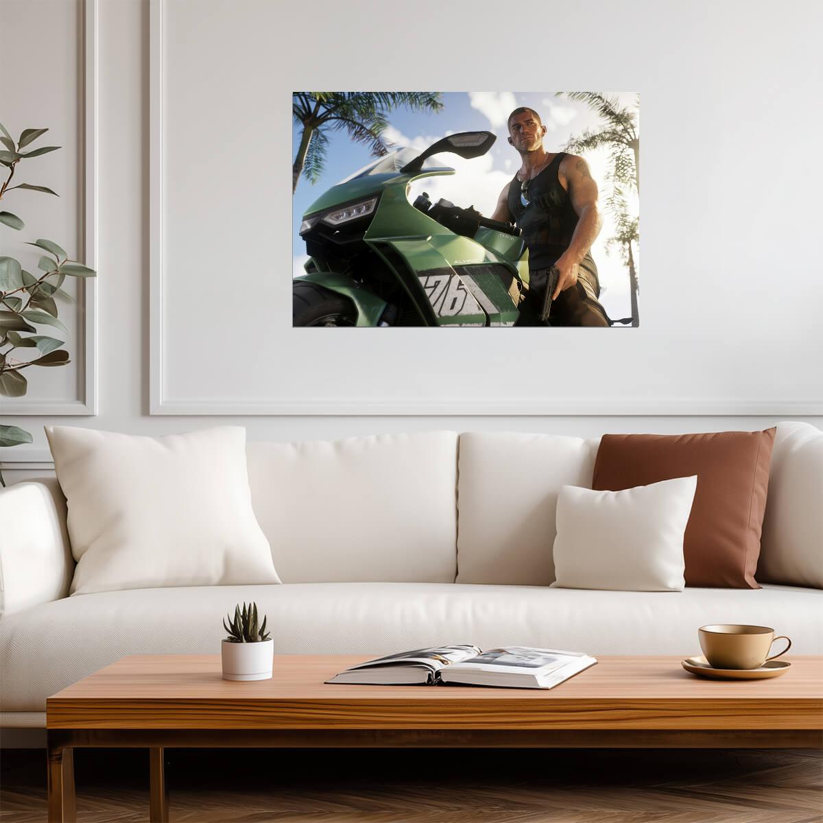 Grand Theft Auto VI Jason Duval with Alvino V1 Bike | Vice City Promo Art Poster | Action-Adventure Game Decor - Video Games Poster