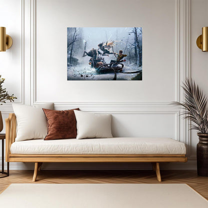 God of War Ragnarök Kratos Atreus & Freya | Wolf Sled Battle Poster | Gaming Room Decor - Video Games Poster