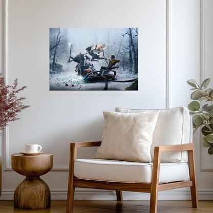 God of War Ragnarök Kratos Atreus & Freya | Wolf Sled Battle Poster | Gaming Room Decor - Video Games Poster