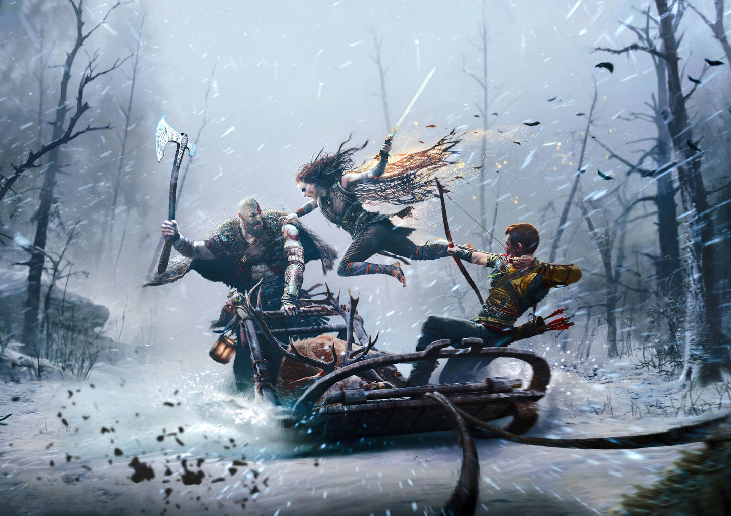 God of War Ragnarök Kratos Atreus & Freya | Wolf Sled Battle Poster | Gaming Room Decor - Video Games Poster