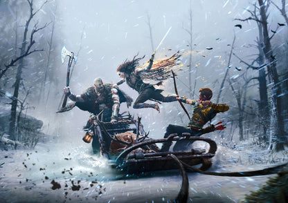 God of War Ragnarök Kratos Atreus & Freya | Wolf Sled Battle Poster | Gaming Room Decor - Video Games Poster