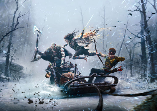 God of War Ragnarök Kratos Atreus & Freya | Wolf Sled Battle Poster | Gaming Room Decor - Video Games Poster
