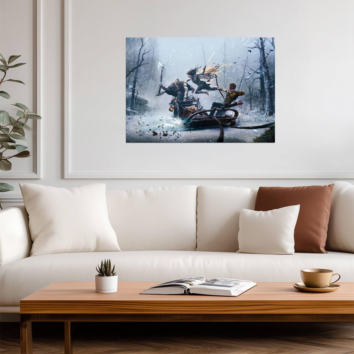 God of War Ragnarök Kratos Atreus & Freya | Wolf Sled Battle Poster | Gaming Room Decor - Video Games Poster