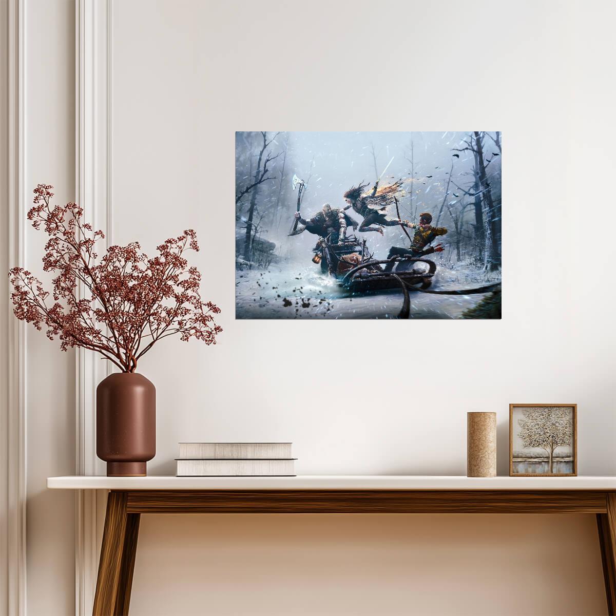 God of War Ragnarök Kratos Atreus & Freya | Wolf Sled Battle Poster | Gaming Room Decor - Video Games Poster