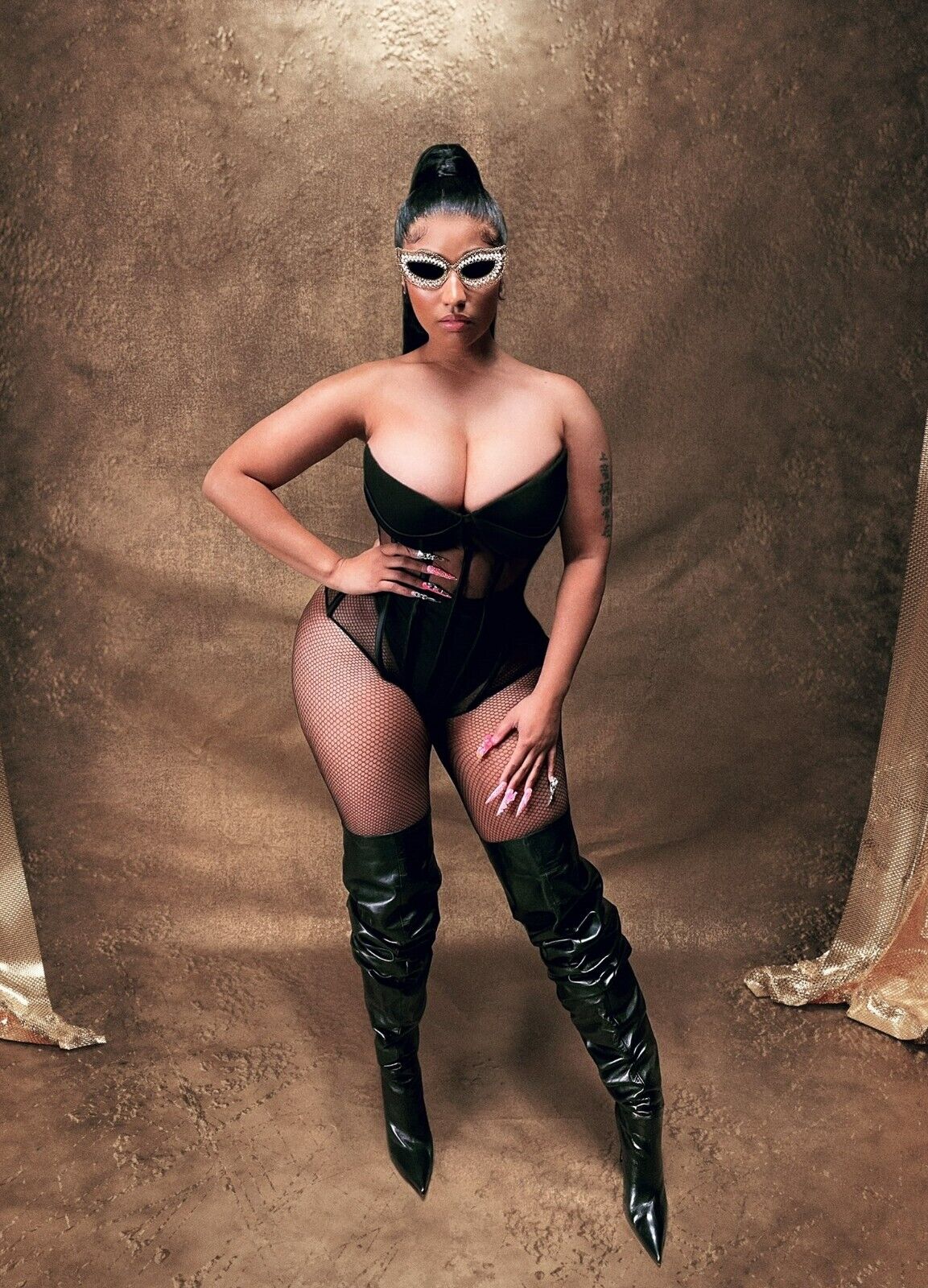 Nicki Minaj Black Bodysuit & Fishnets | Photoshoot Poster | Sexy Hip Hop Star - Music Poster