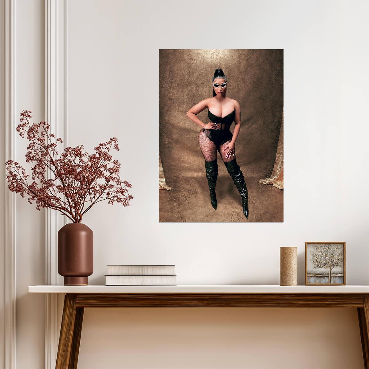 Nicki Minaj Black Bodysuit & Fishnets | Photoshoot Poster | Sexy Hip Hop Star - Music Poster
