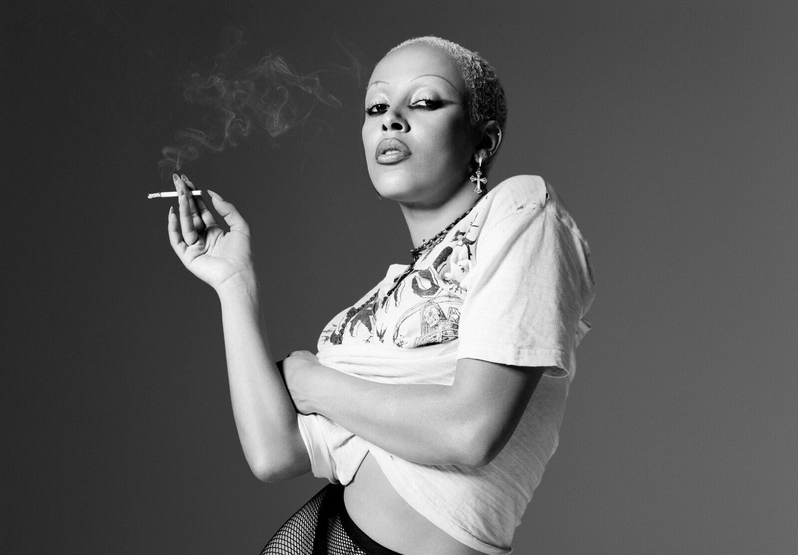 Doja Cat Smoking Black and White | Fishnet Portrait Poster | Sexy Hip Hop Art - Music Poster
