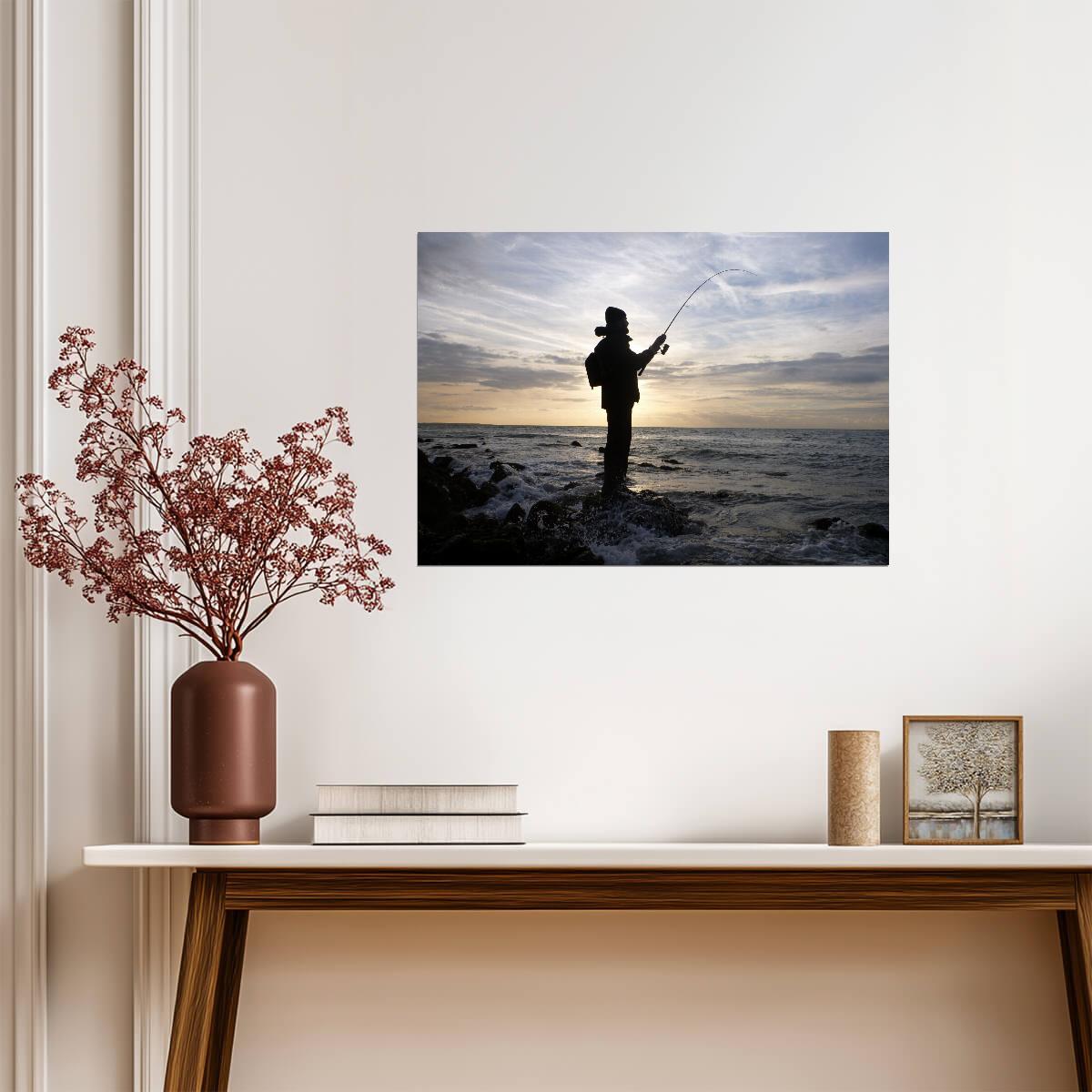 Fisherman Silhouette at Sunset | Fishing Photography Poster | Peaceful Lake Wall Art - Photography Poster