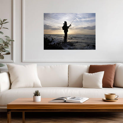 Fisherman Silhouette at Sunset | Fishing Photography Poster | Peaceful Lake Wall Art - Photography Poster