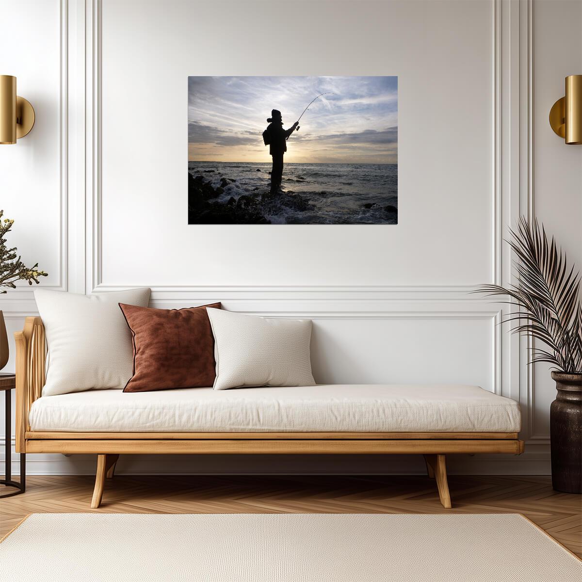 Fisherman Silhouette at Sunset | Fishing Photography Poster | Peaceful Lake Wall Art - Photography Poster