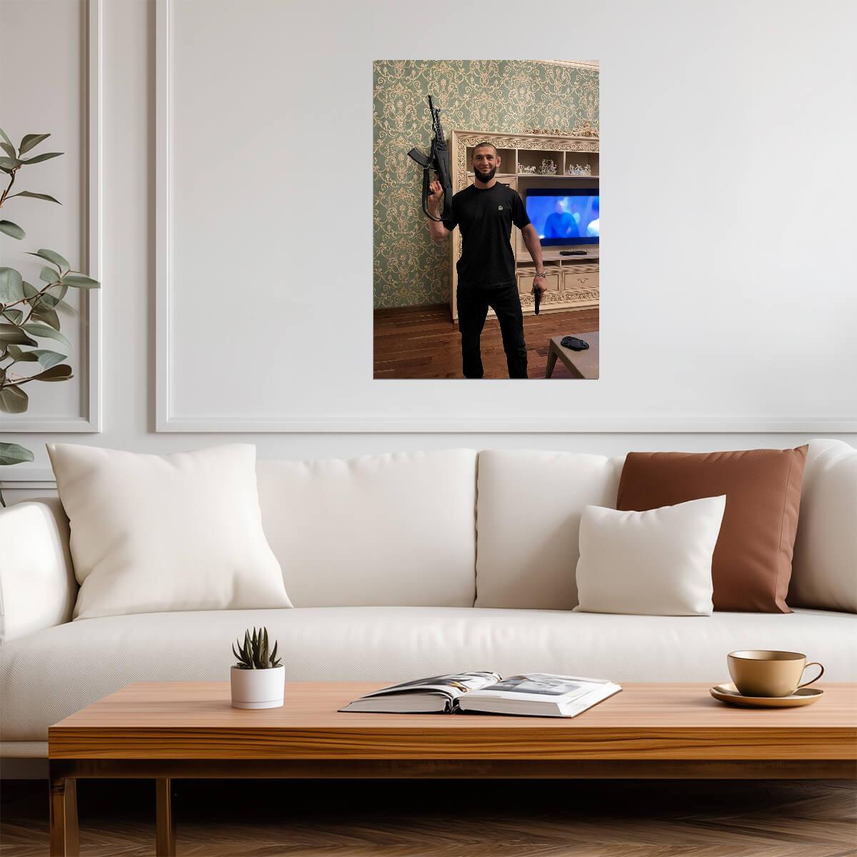 Khamzat Chimaev Holding Guns | MMA Fighter Poster | Combat Sports Wall Art - Sports Poster