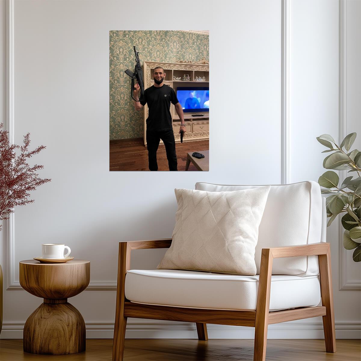 Khamzat Chimaev Holding Guns | MMA Fighter Poster | Combat Sports Wall Art - Sports Poster