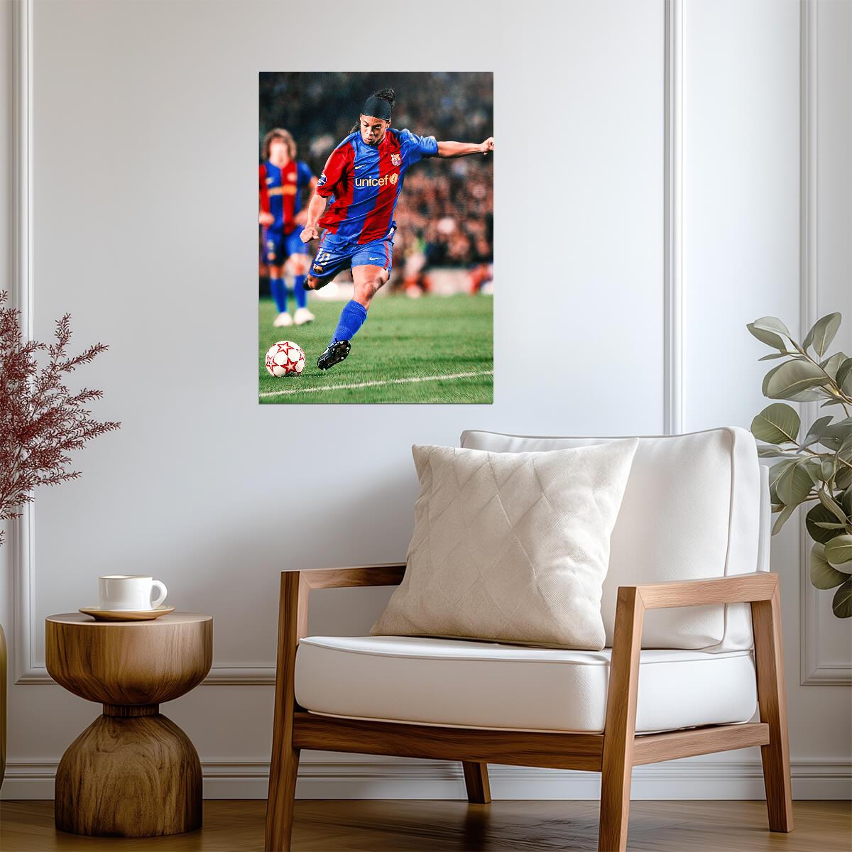 Ronaldinho Barcelona Kicking Ball | Soccer Legend Poster | Action Shot Sports Art - Sports Poster