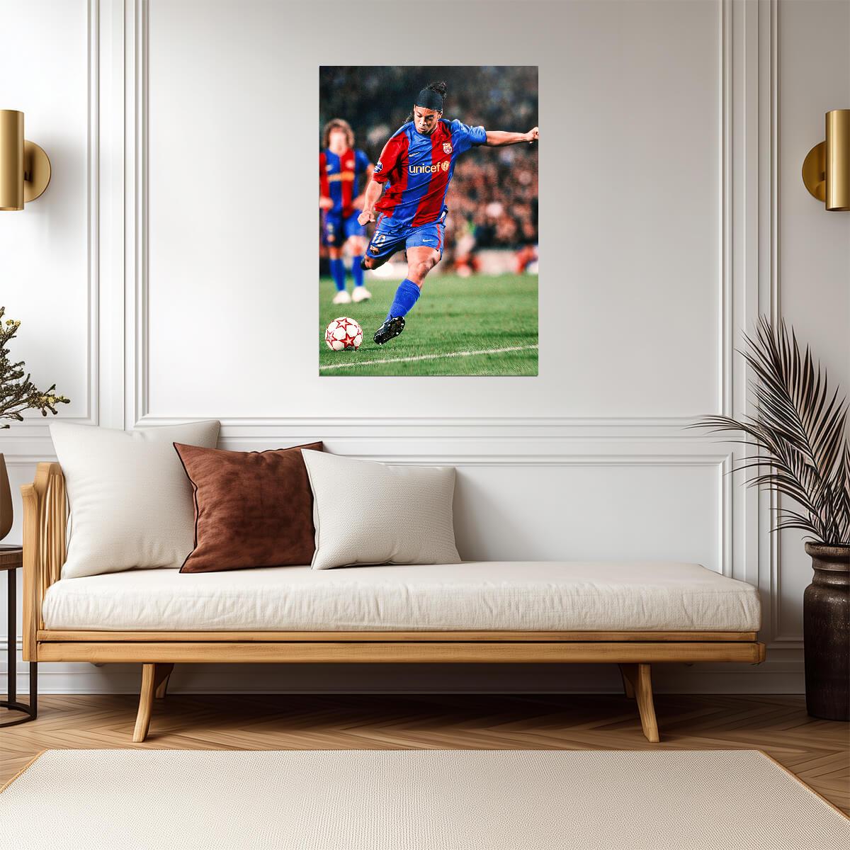 Ronaldinho Barcelona Kicking Ball | Soccer Legend Poster | Action Shot Sports Art - Sports Poster