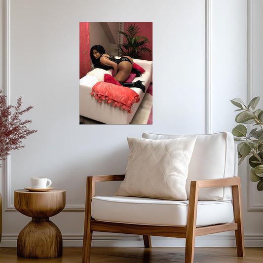 Nicki Minaj Black Vinyl Bodysuit | Photoshoot on Couch Poster | Sexy Hip Hop Star - Music Poster