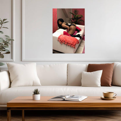 Nicki Minaj Black Vinyl Bodysuit | Photoshoot on Couch Poster | Sexy Hip Hop Star - Music Poster