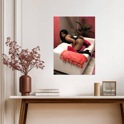 Nicki Minaj Black Vinyl Bodysuit | Photoshoot on Couch Poster | Sexy Hip Hop Star - Music Poster