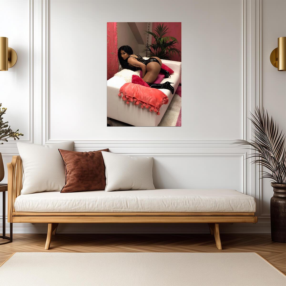 Nicki Minaj Black Vinyl Bodysuit | Photoshoot on Couch Poster | Sexy Hip Hop Star - Music Poster