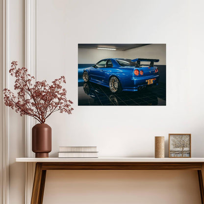 Nissan Skyline GT-R R34 Rear View | Bayside Blue JDM Poster | Custom Tuner Car Garage Art - Cars Poster