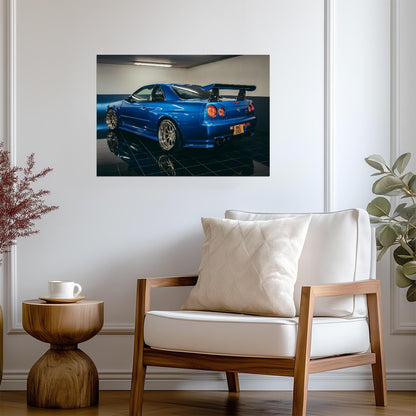 Nissan Skyline GT-R R34 Rear View | Bayside Blue JDM Poster | Custom Tuner Car Garage Art - Cars Poster